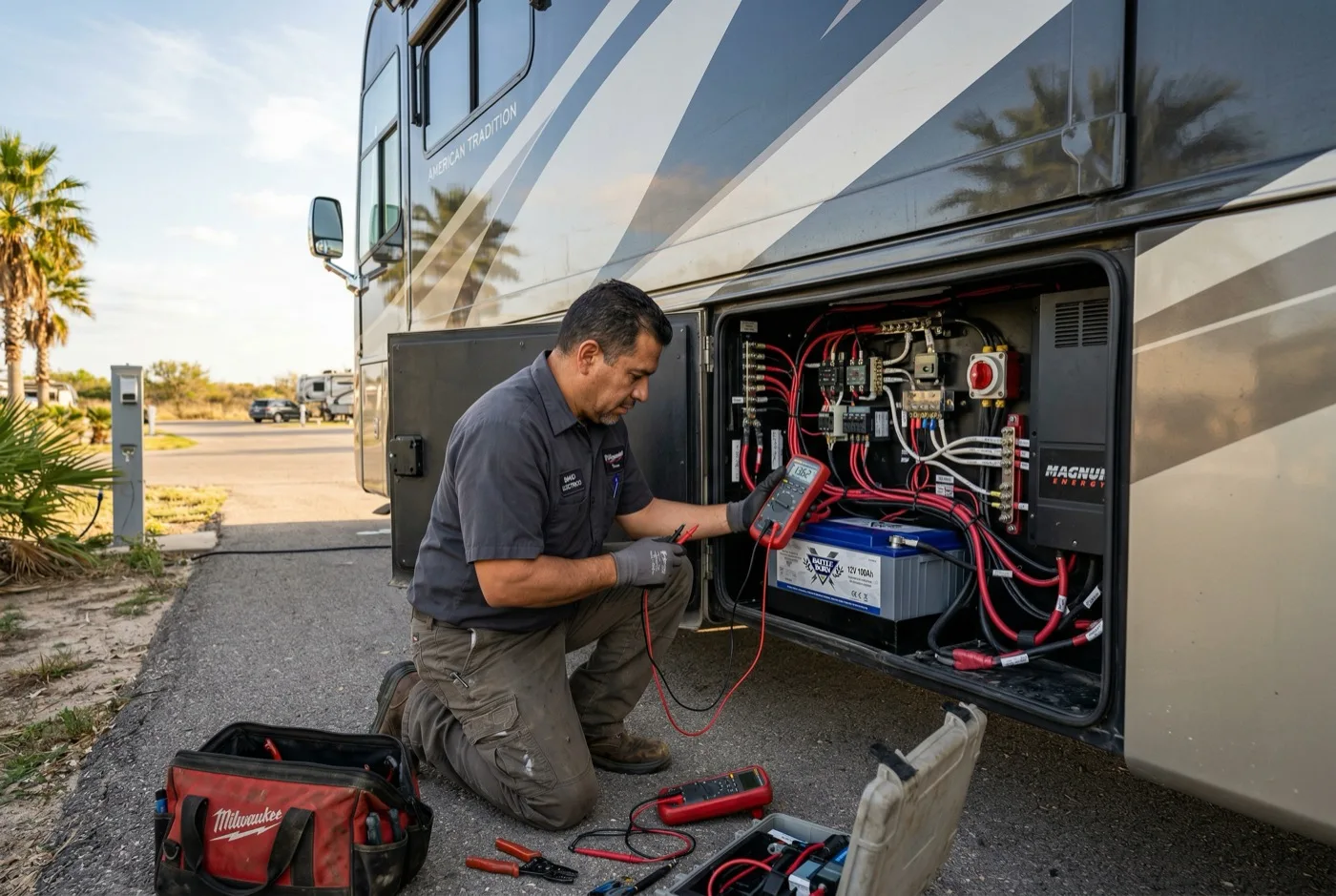 Technician testing components in an exterior RV electrical compartment