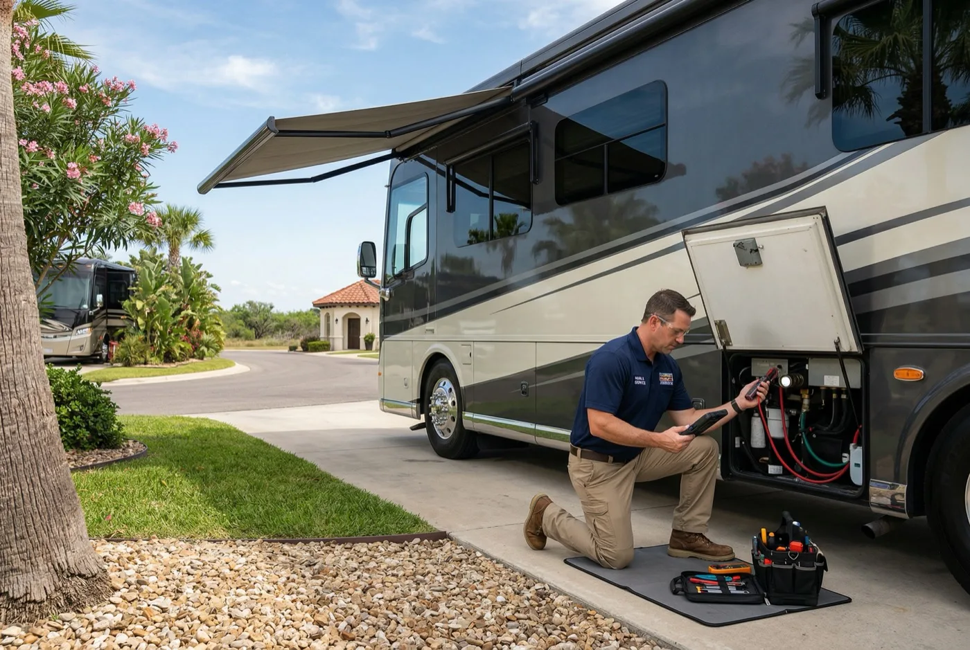 Luxury Class A motorhome at an RV resort with a technician nearby
