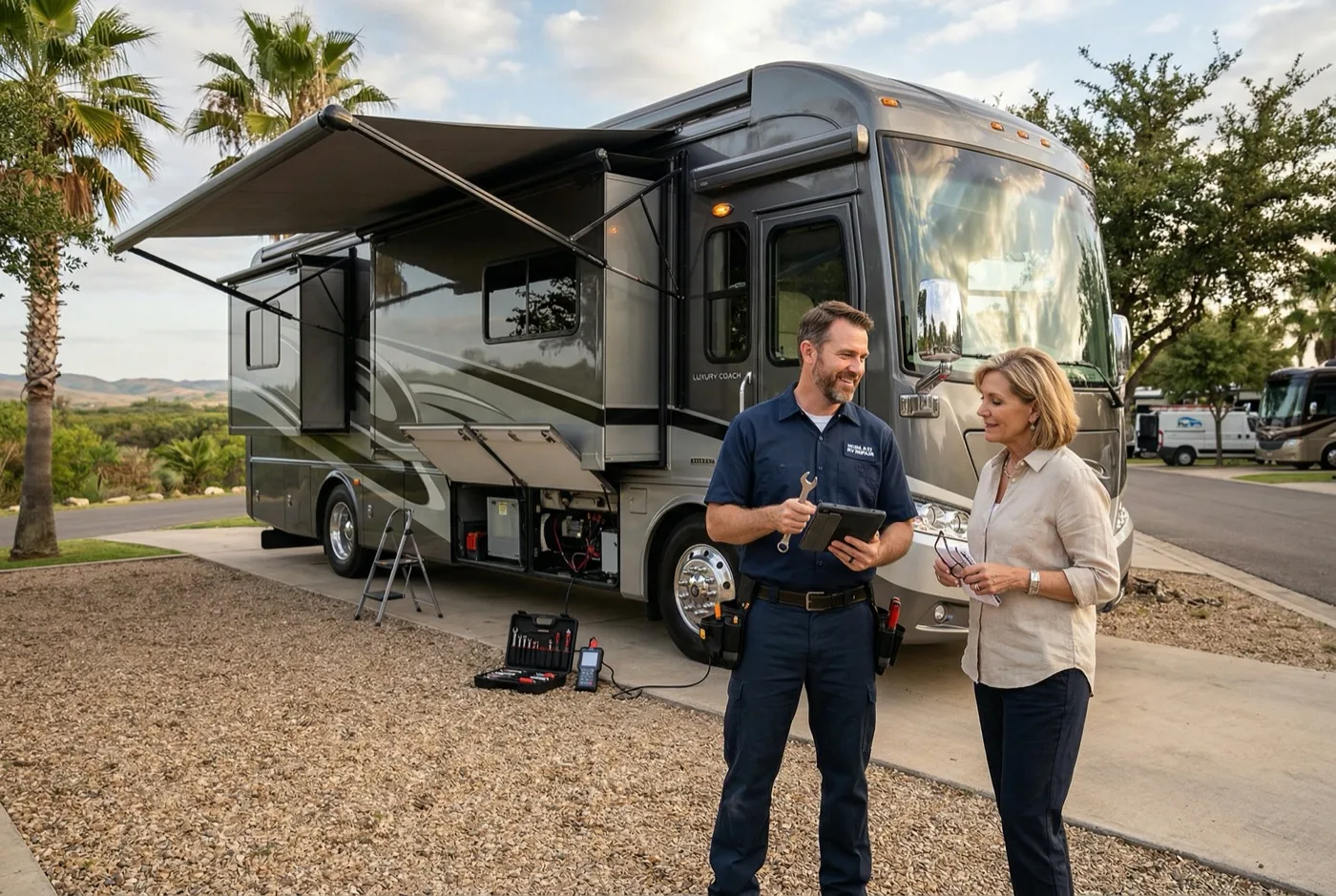 Technician speaking with an RV owner beside a motorhome